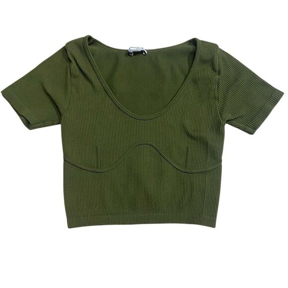 Zara XS-S Olive Green Ribbed Contour Crop Top - Picture 1 of 11
